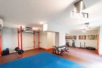 A gym with a blue rug and weights on the floor